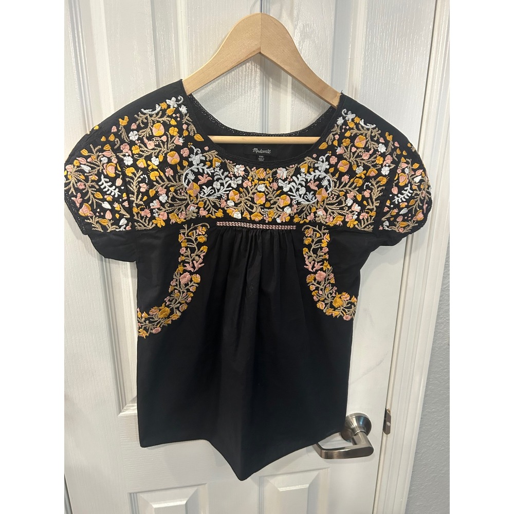 Madwell Top Black Floral Embroidered Cotton Boho Short Sleeve Blouse‎ XXS